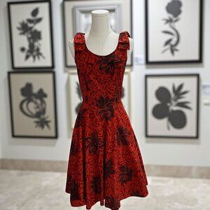 Vintage Rust Black Floral Cotton Fit‎ And Flare Dress Cottagecore Retro Boho